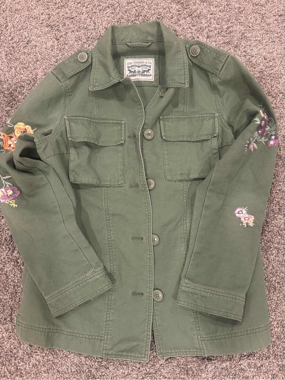 Levi's Olive Green Utility Jacket with Floral Embroidery